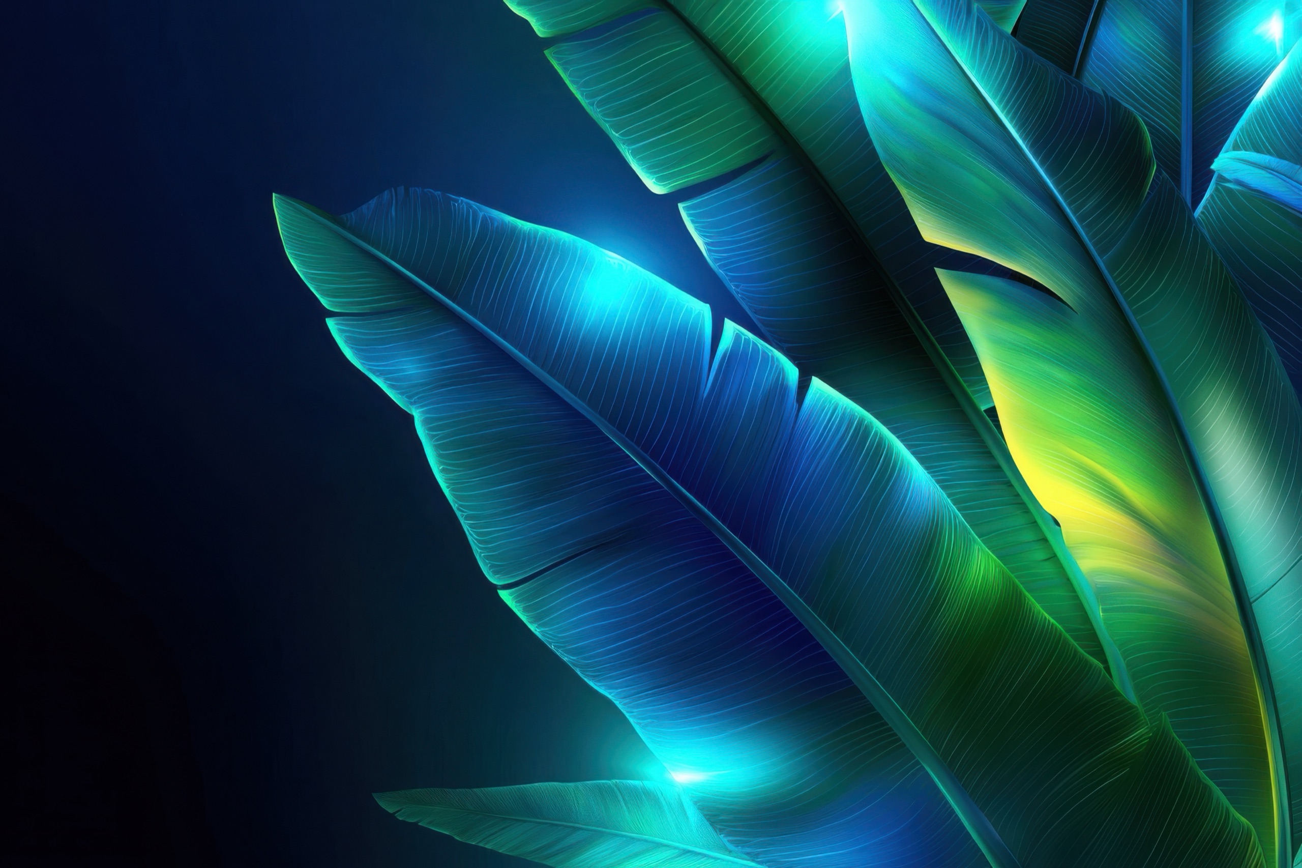 Backlit banana leaves in deep blue light